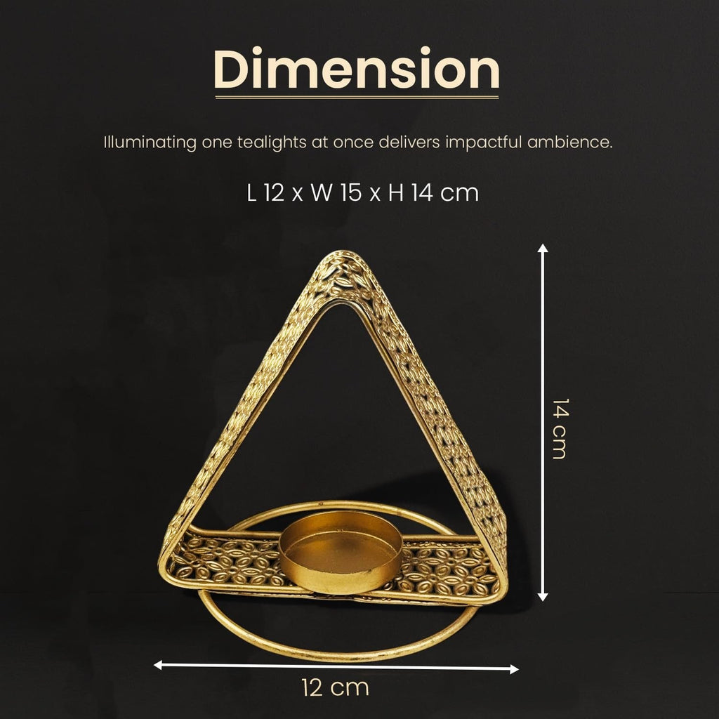 Go Hooked matte gold metal triangular tealight holder with floral cutwork design. Set of 3.