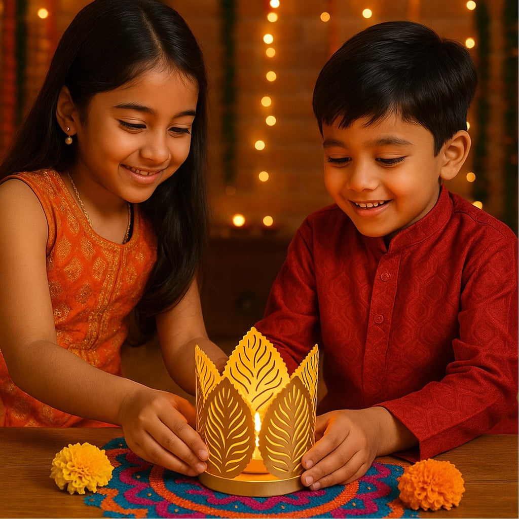 Go Hooked matte gold metal tealight holder with leaf cut design, set of 4, for Diwali decor.