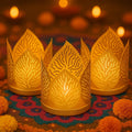 Go Hooked matte gold metal tealight holders with leaf cut design, set of 2, perfect for Diwali and table decor.