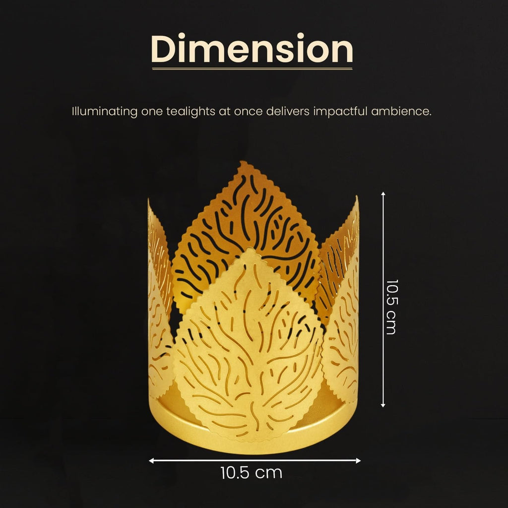 Go Hooked matte gold metal tealight holder with crown-shaped leaf cut design. Set of 4.