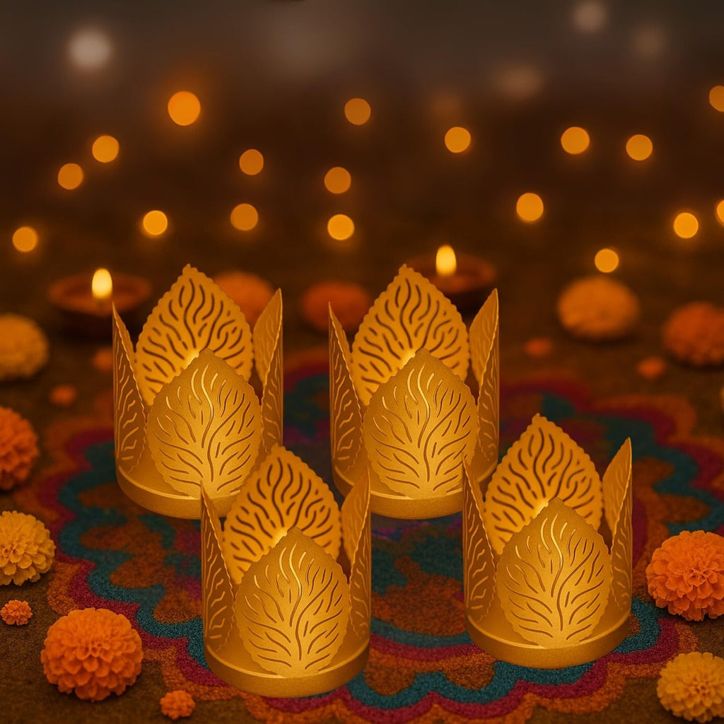 Go Hooked set of 4 matte gold metal tealight holders with leaf cut design, perfect for Diwali and table decor.