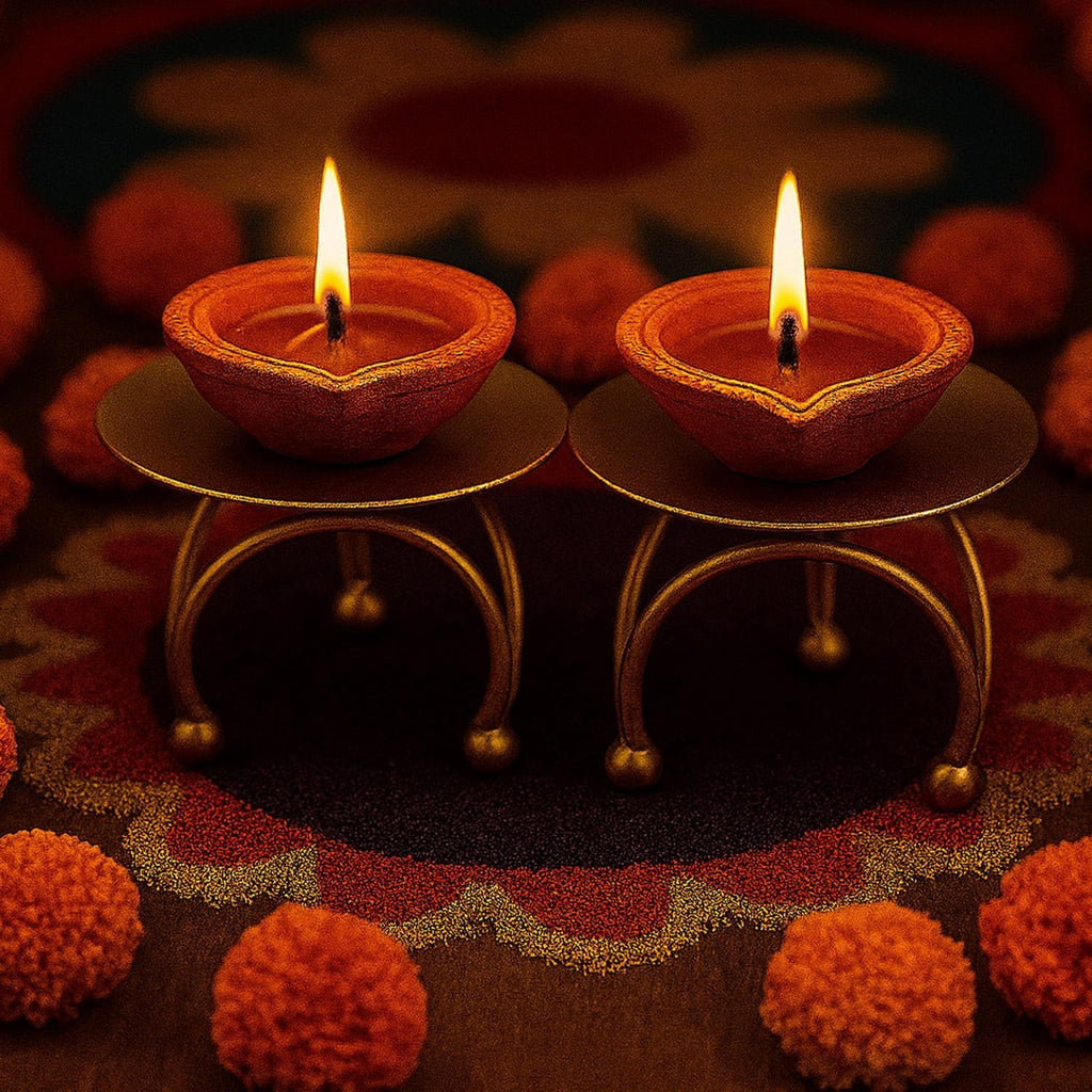 GoHooked matte gold metal pedestal stands holding lit diyas, set of 2, with decorative accents.