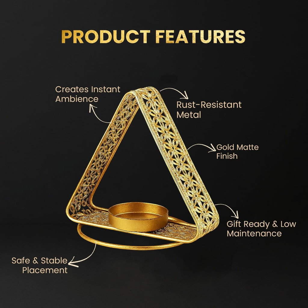 GoHooked matte gold metal triangular tealight holder with floral cutwork, safe & stable placement.