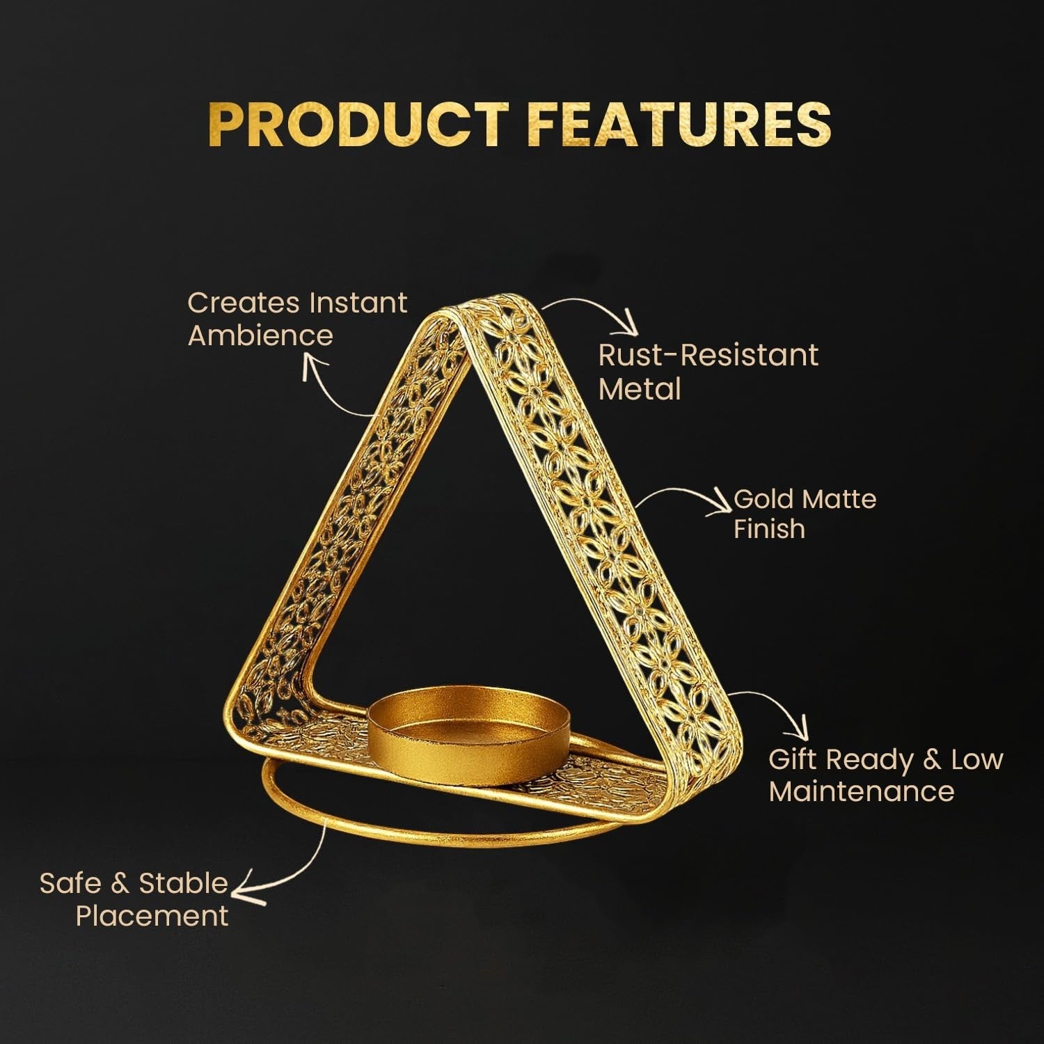 GoHooked matte gold metal triangular tealight holder with floral cutwork, safe & stable placement.