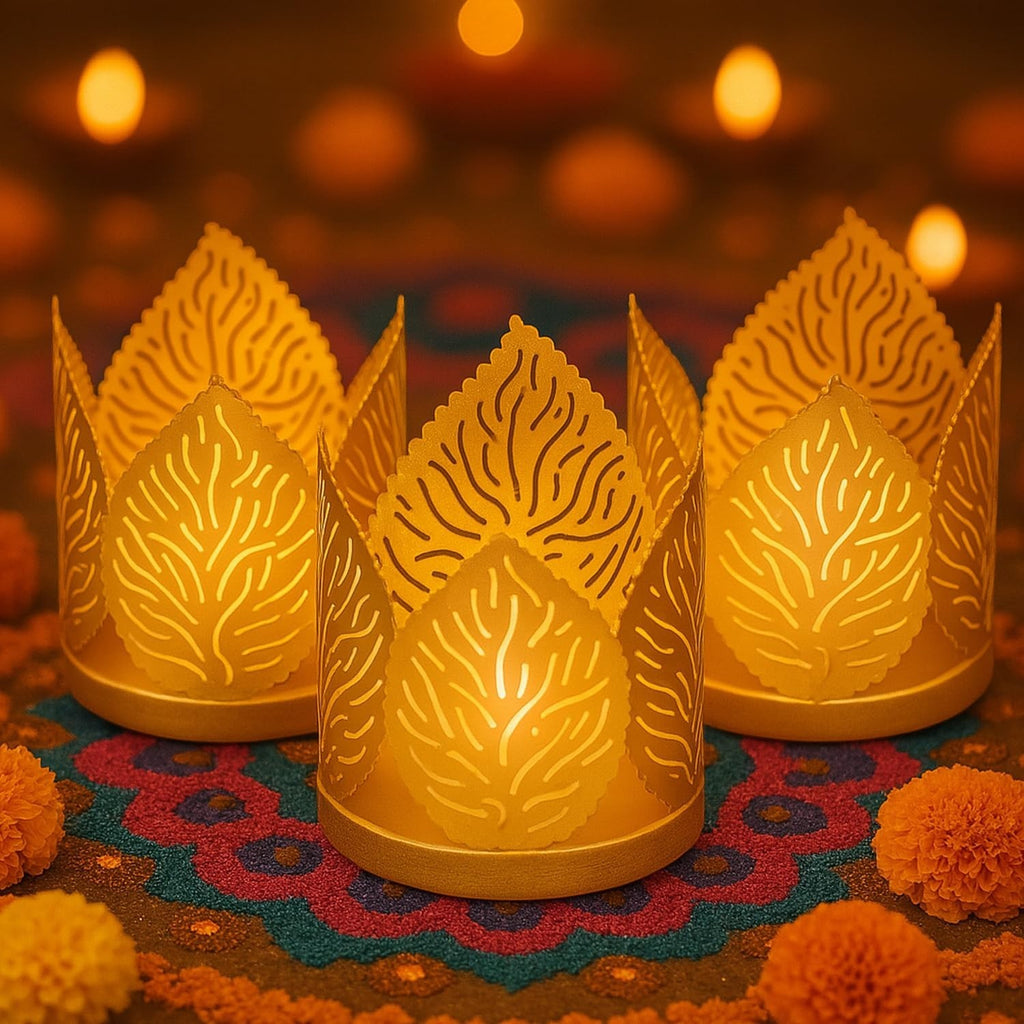 Set of 3 Go Hooked matte gold metal tealight holders with leaf cutouts, resembling crowns. Ideal for Diwali decor.
