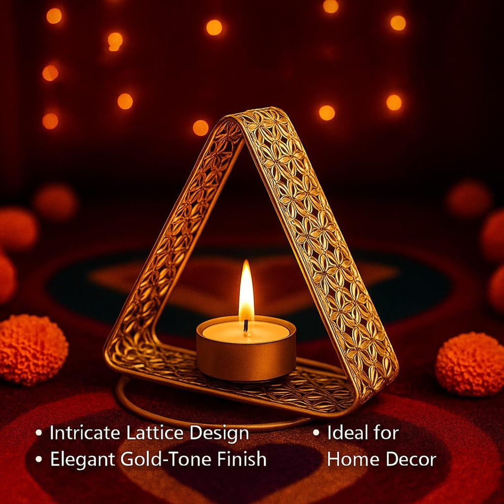 GoHooked matte gold triangular tealight holder with intricate floral cutwork, holding a lit tealight candle. Festive home decor.
