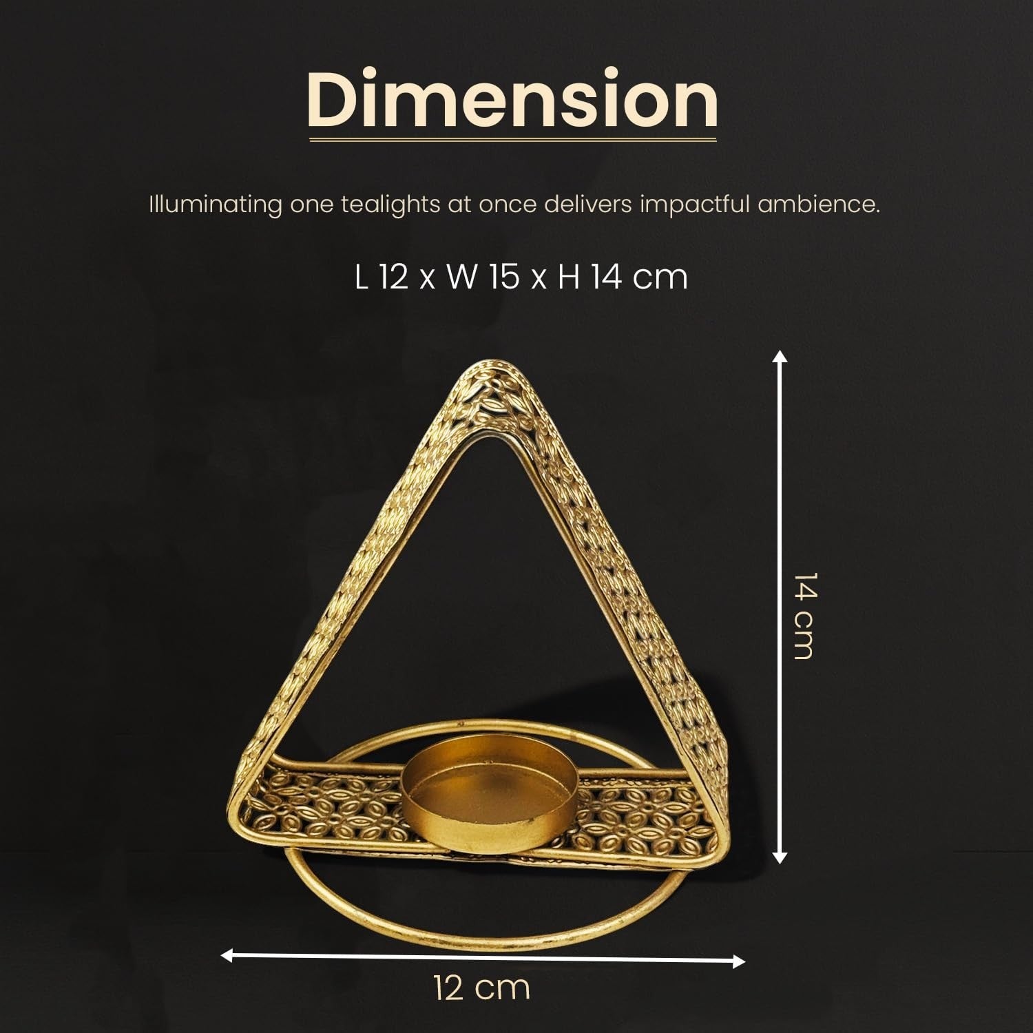 GoHooked matte gold metal triangular tealight holder with floral cutwork and stable base. Set of 4.