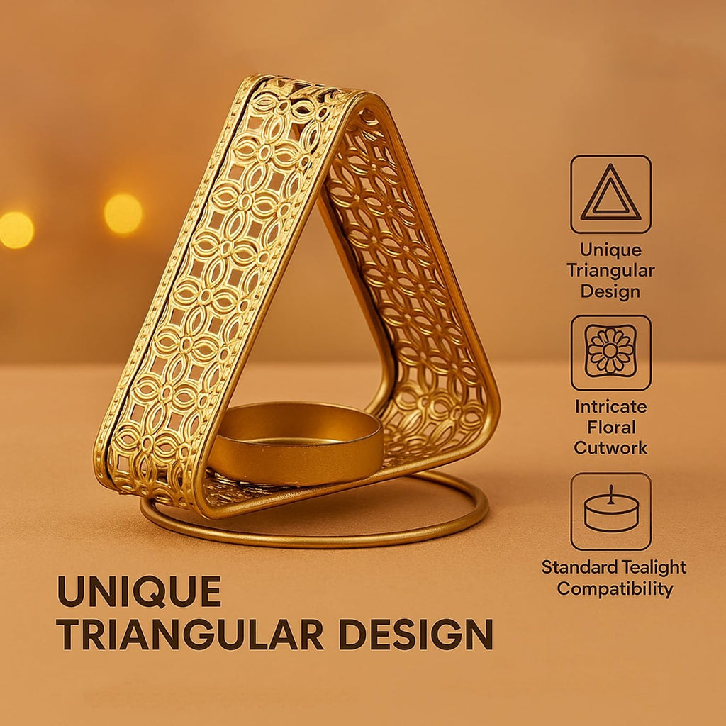 GoHooked matte gold triangular tealight holder with intricate floral cutwork, set of 4, ideal for Diwali and home decor.