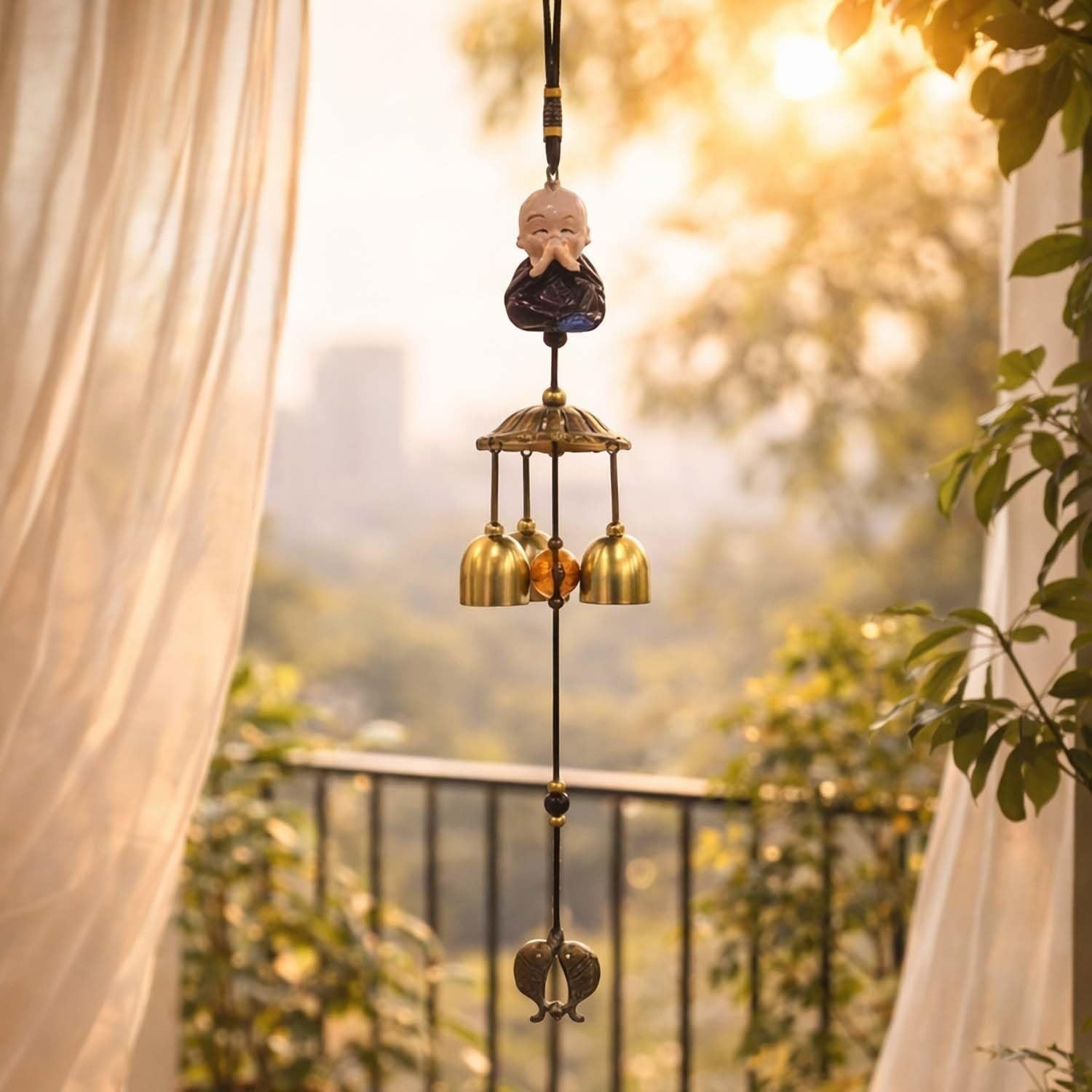 Go Hooked meditating monk wind chime with brass bells, dark brown wood finish, ideal for home decor and gifts.