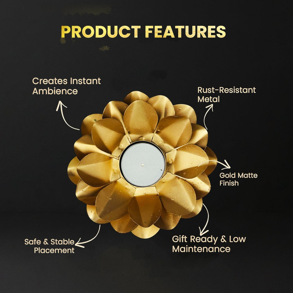 GoHooked handcrafted matte gold metal flower tealight holder with layered petals, perfect for festive decor.