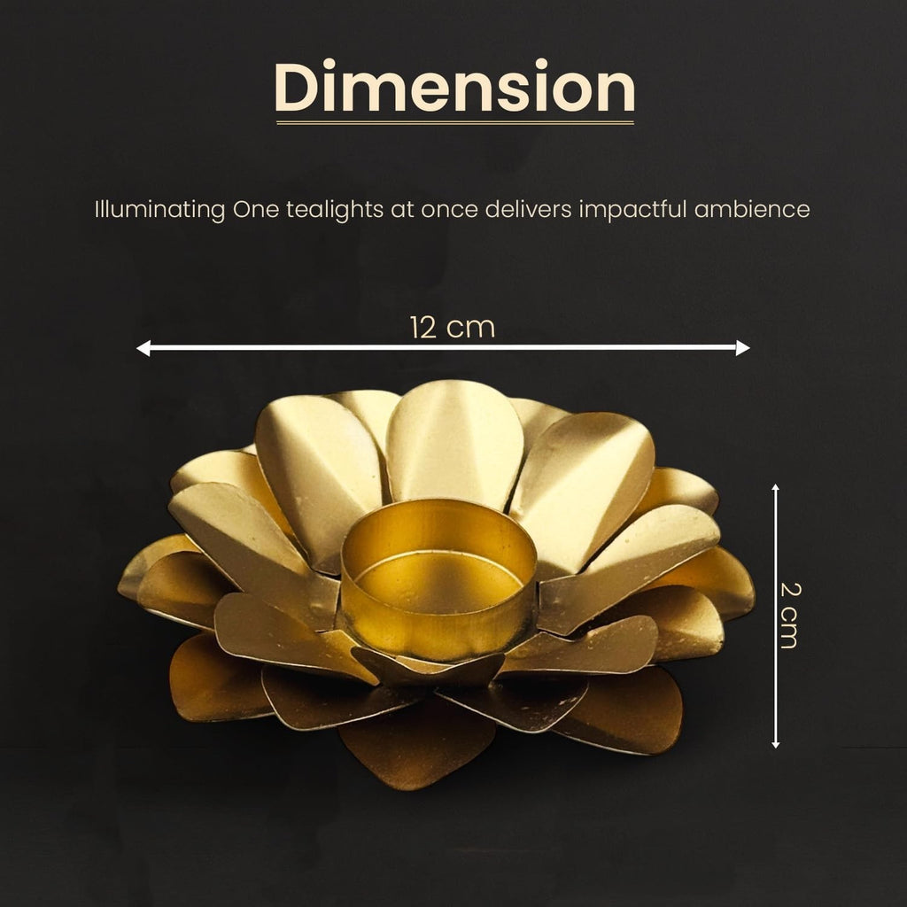 Go Hooked matte gold metal tealight holder in a layered petal design, 12cm diameter.