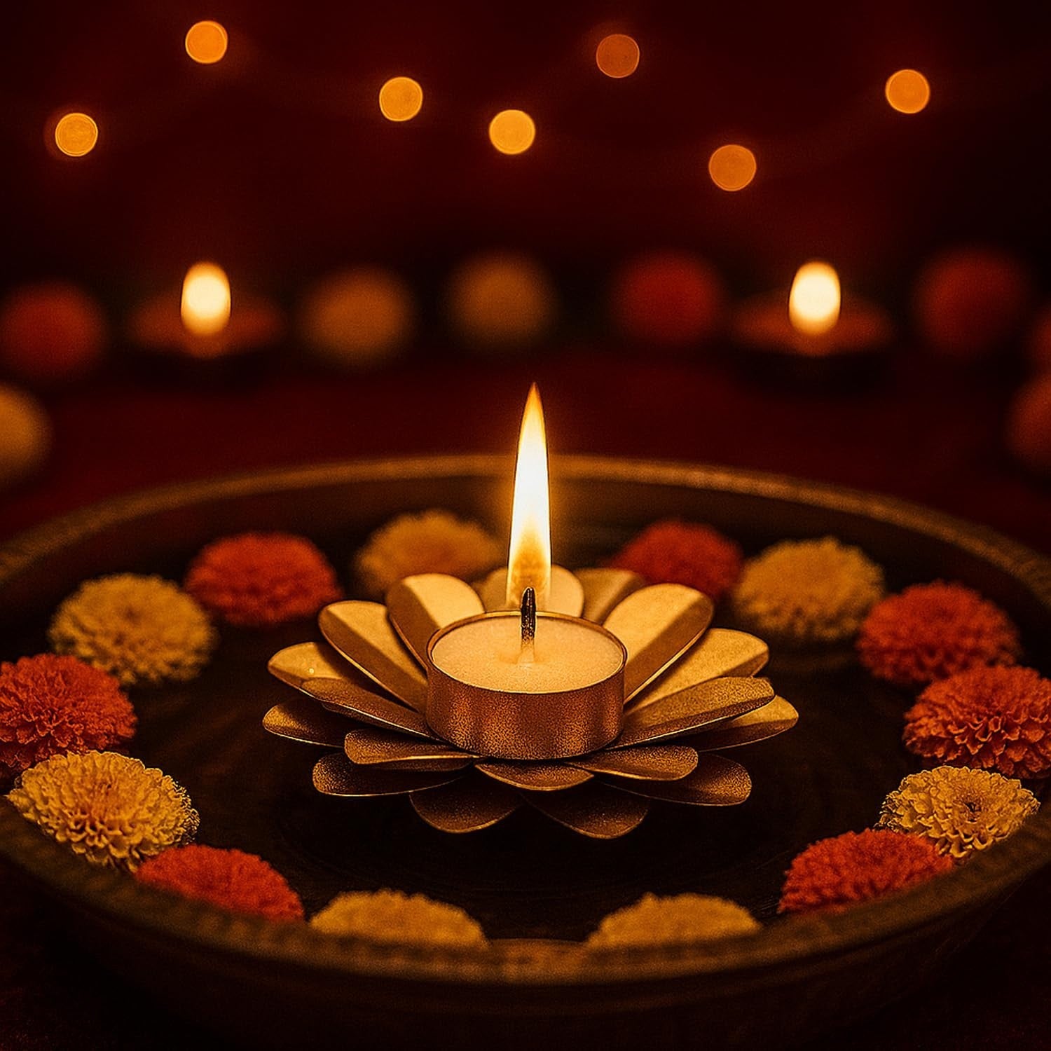 GoHooked handcrafted matte gold metal flower tealight holder with a lit candle, surrounded by orange and yellow flowers.