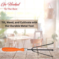Go Hooked orange and black metal garden cultivator tool with ergonomic handle for soil aeration and weeding.