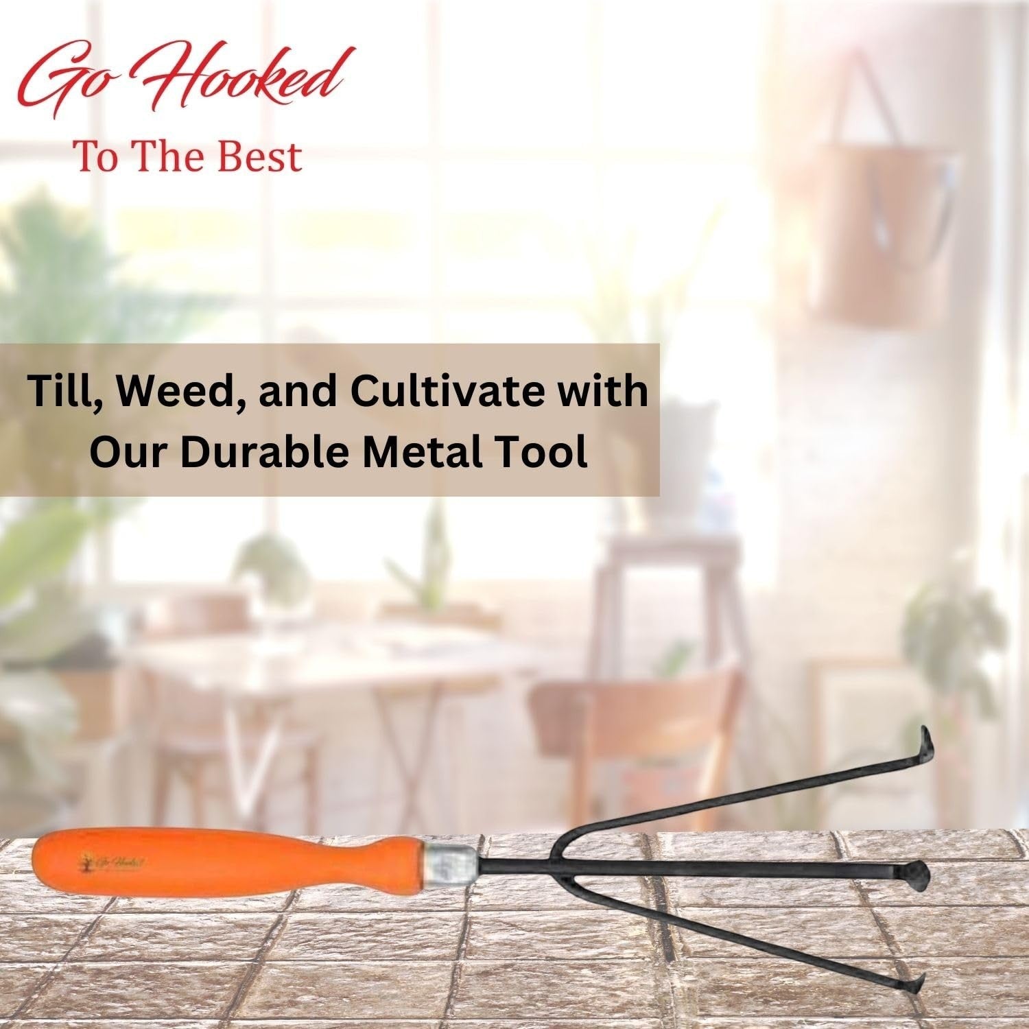 Go Hooked orange and black metal garden cultivator tool with ergonomic handle for soil aeration and weeding.