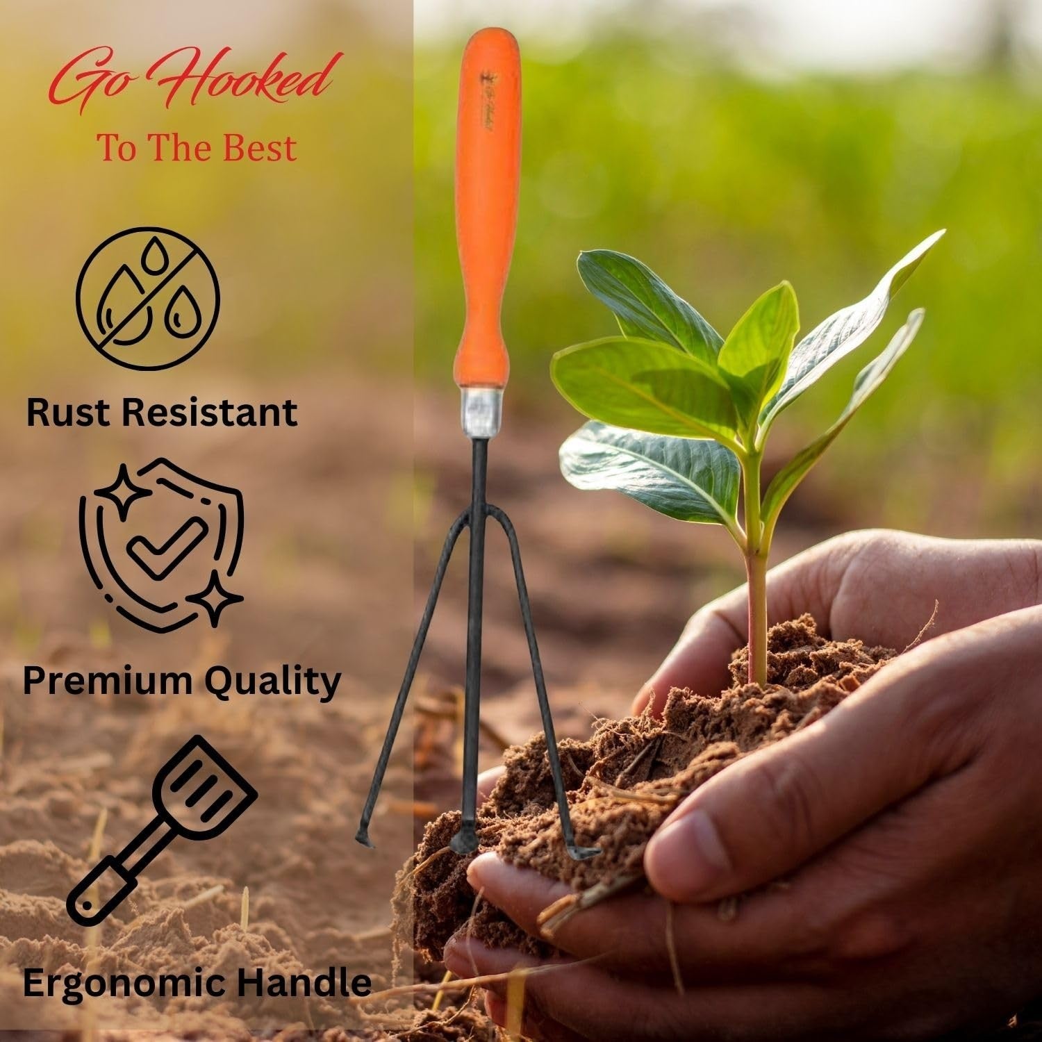 GoHooked orange and black metal garden cultivator tool with ergonomic handle for soil aeration and weeding.