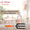 Go Hooked orange and black metal garden fork with ergonomic grip for digging and weeding.