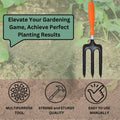 Go Hooked orange and black metal garden fork with ergonomic grip for digging, weeding, and soil aeration.