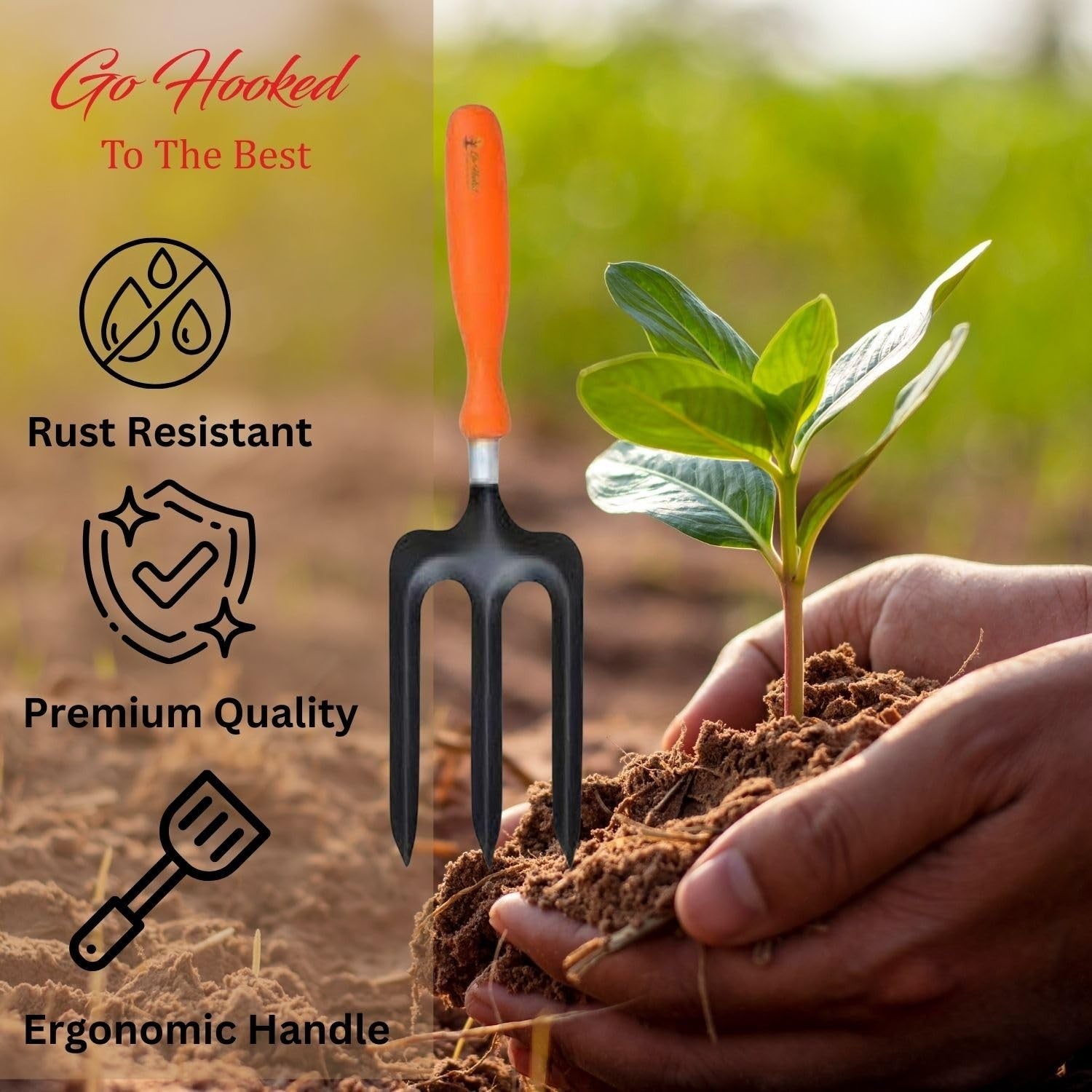 Go Hooked heavy-duty metal garden fork with orange and black ergonomic handle. Rust-resistant for digging, weeding, and soil aeration.