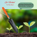 GoHooked orange and black metal garden transplanter trowel for precision planting seedlings and small plants.
