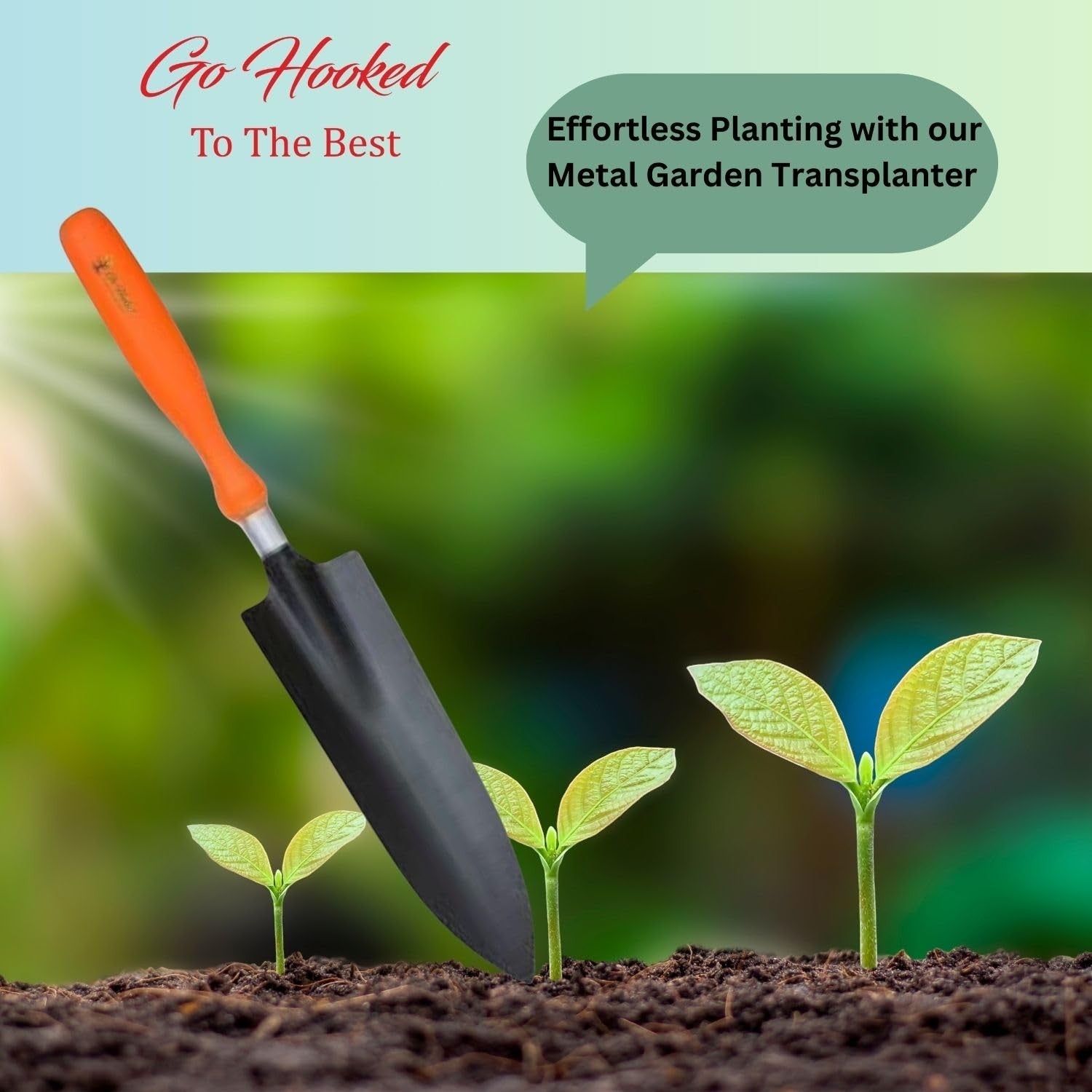 GoHooked orange and black metal garden transplanter trowel for precision planting seedlings and small plants.