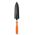 Go Hooked heavy-duty metal garden trowel with orange ergonomic grip for digging and planting.