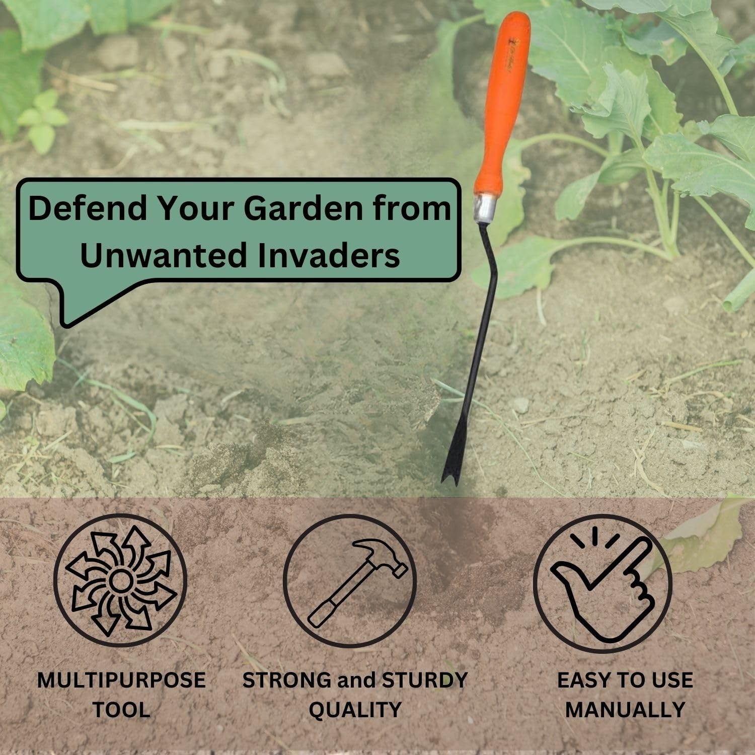 GoHooked heavy-duty metal garden weeder with orange handle, perfect for removing weeds and roots.