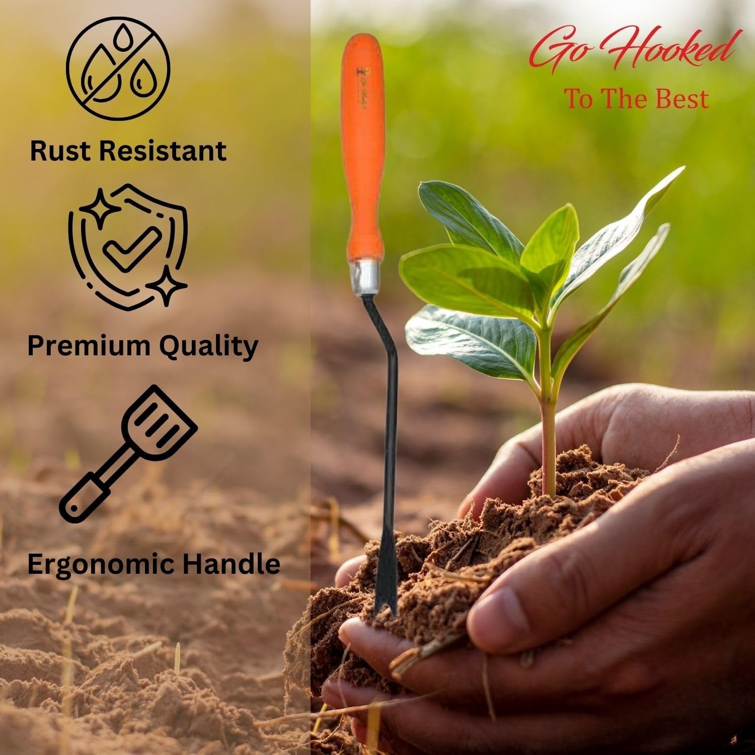 GoHooked orange and black heavy-duty metal garden weeder tool with ergonomic handle for removing weeds and roots.