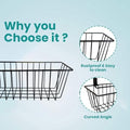 GoHooked black metal hanging storage basket with open wire design, rustproof and easy to clean. Curved angle.
