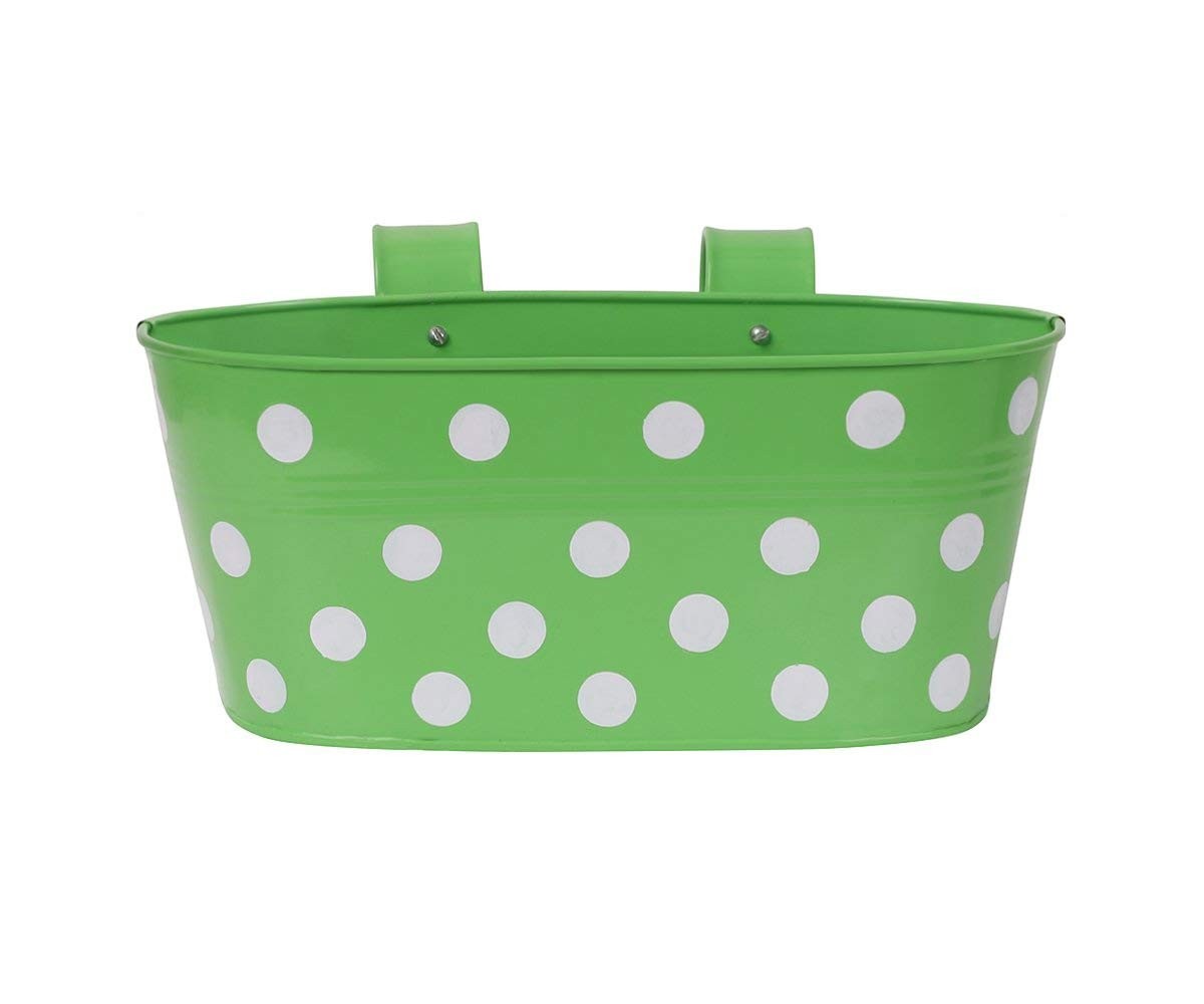 GoHooked green metal hanging planter with white polka dots, 12-inch oval shape, set of 5