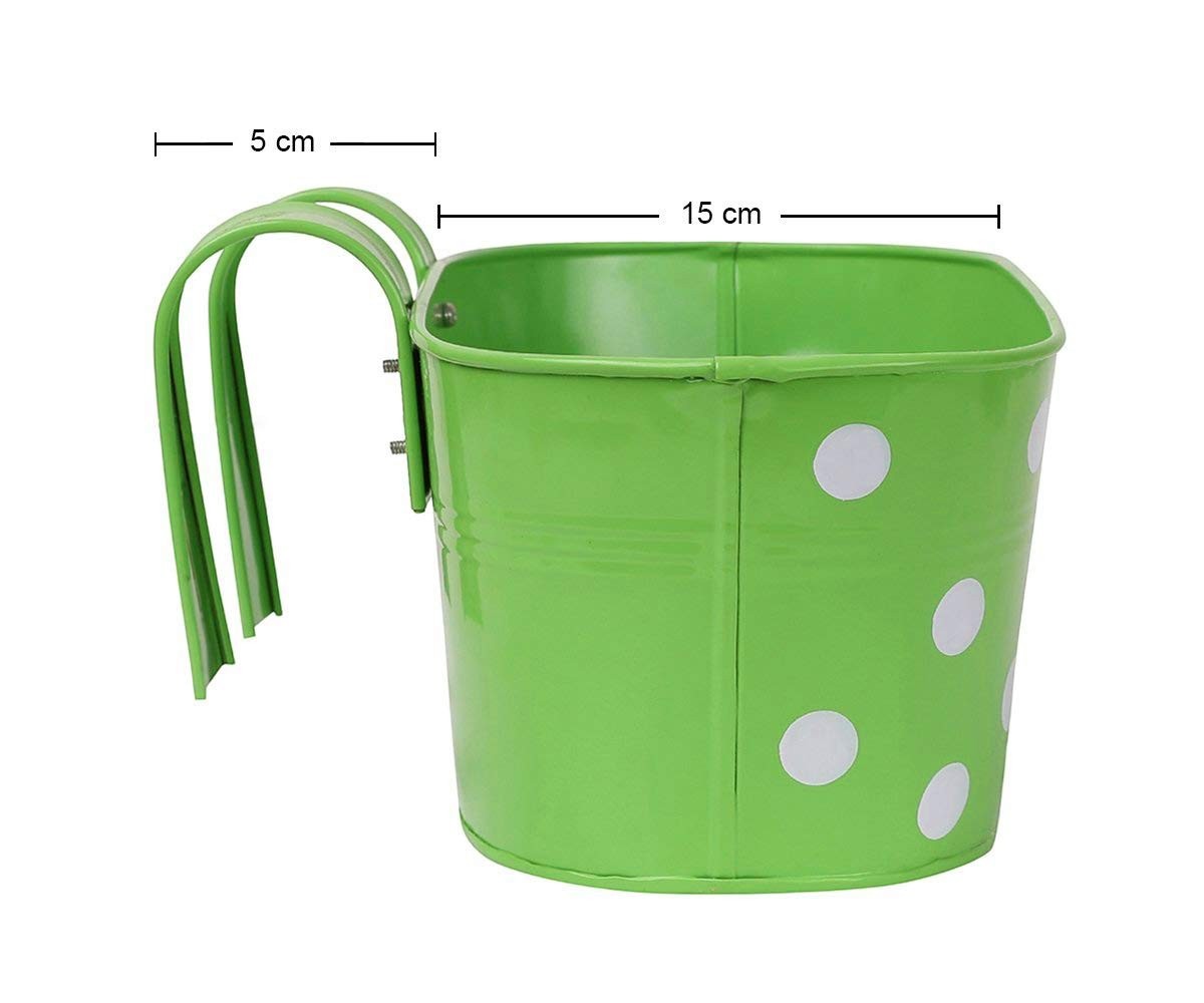 GoHooked green metal hanging planter with white polka dots, 12 inch oval shape, set of 5