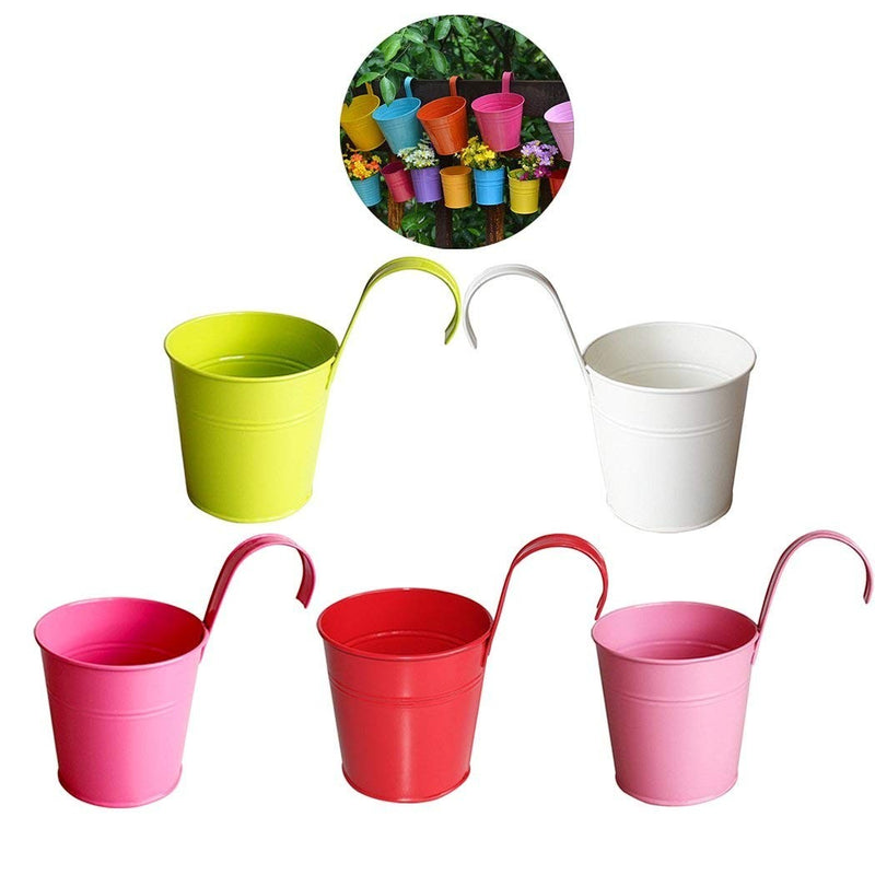 GoHooked assorted color metal hanging planters with hooks for balcony and railing. Set of 5.