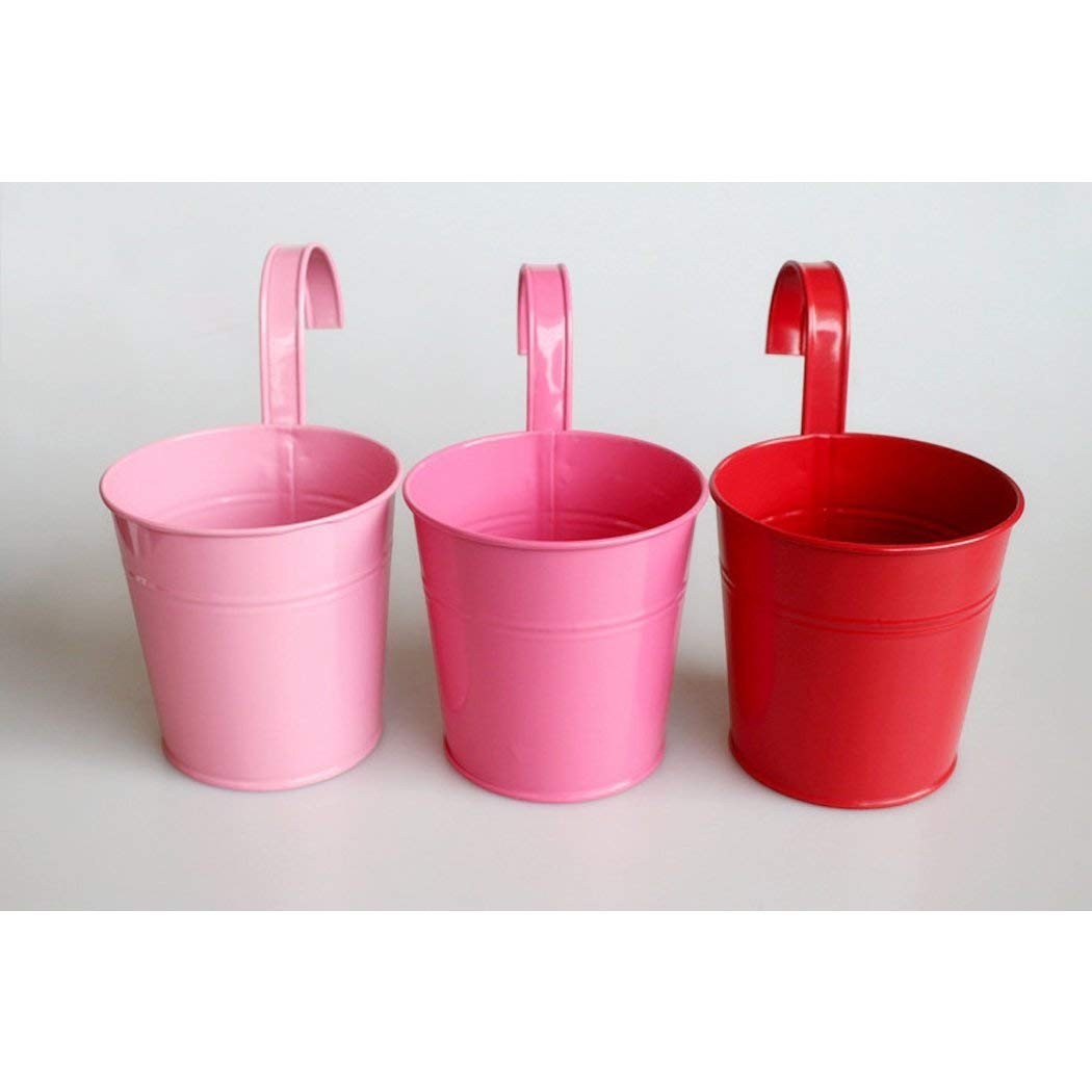 GoHooked metal hanging planters in pink and red, set of 3, perfect for balcony and railing decor.