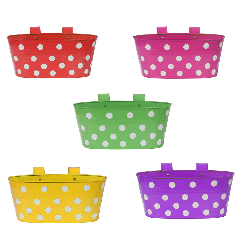 GoHooked set of 5 metal hanging planters in red, pink, green, yellow, and purple with white polka dots. 12-inch oval pots.