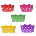 GoHooked set of 5 metal hanging planters in red, pink, green, yellow, and purple with white polka dots. 12-inch oval pots.