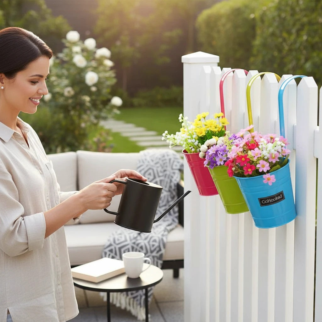 GoHooked metal hanging planters in pink, lime green, and blue, filled with colorful flowers, attached to a white fence.