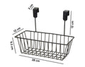 GoHooked black metal hanging storage basket with over-the-door hooks. Measures 28cm x 12cm x 9.5cm.