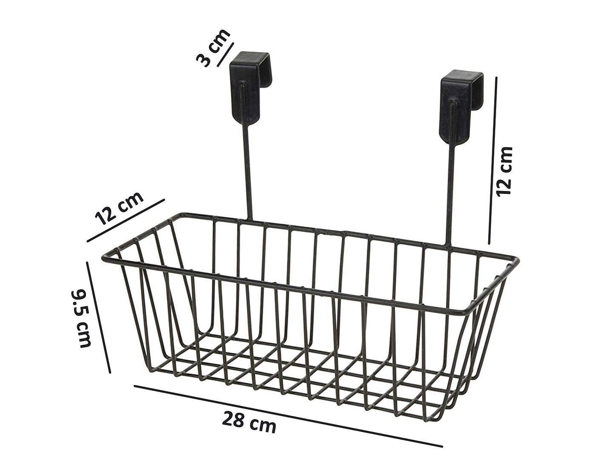 GoHooked black metal hanging storage basket with over-the-door hooks. Measures 28cm x 12cm x 9.5cm.