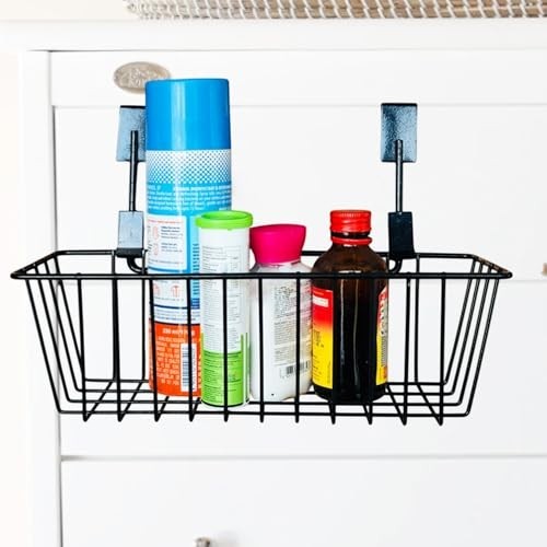 GoHooked black metal hanging storage basket with assorted bottles and cans, perfect for kitchen or bathroom organization.