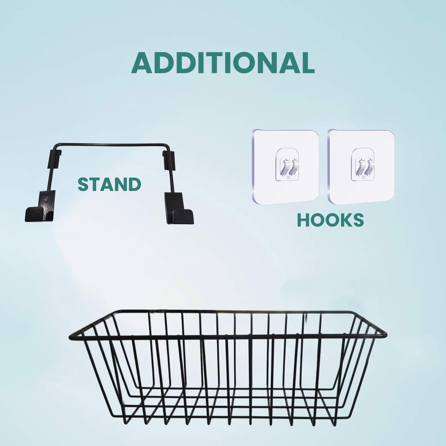 GoHooked black metal hanging storage basket with stand and adhesive hooks. Versatile and durable for various storage needs.