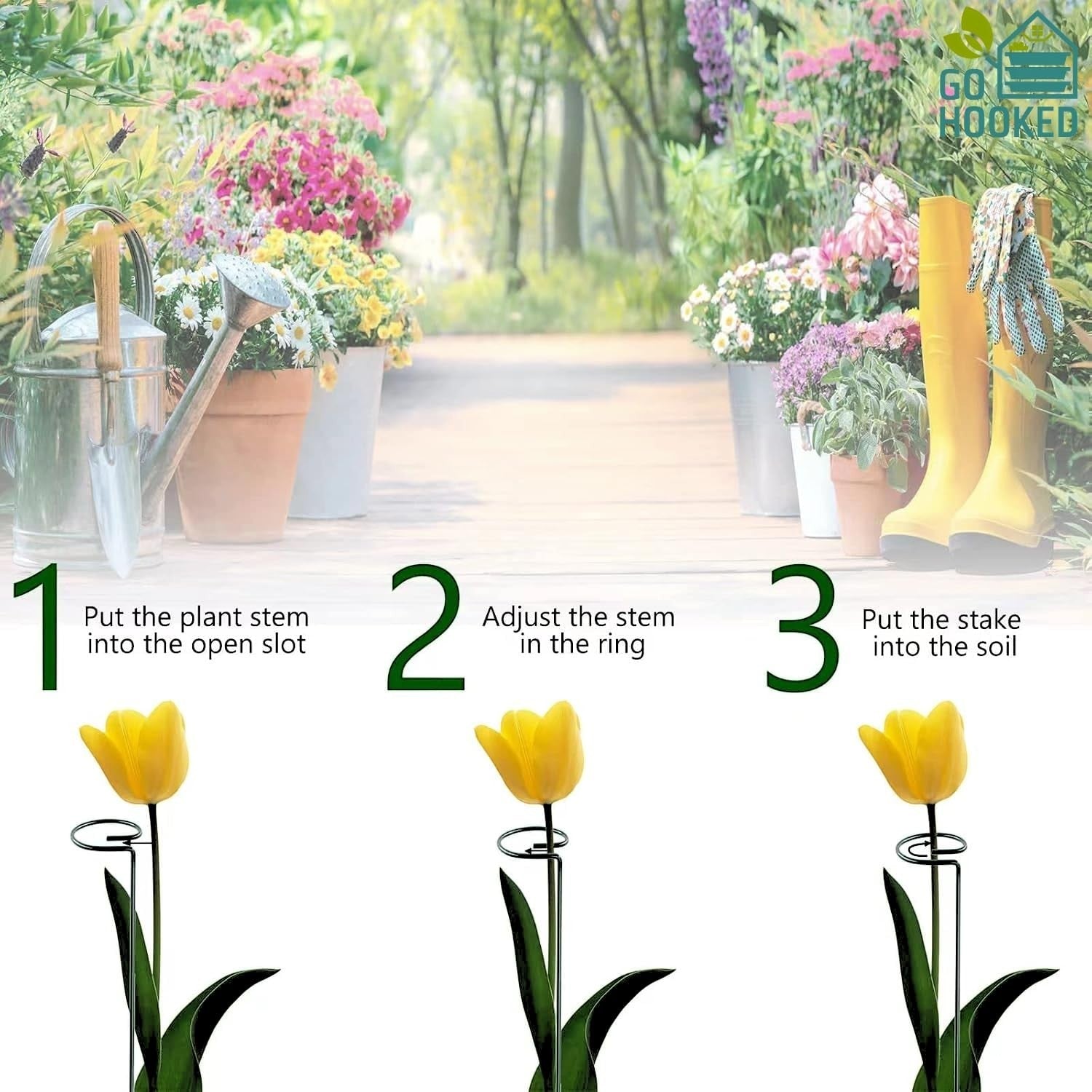 GoHooked black metal plant stakes support single stem flowers like roses and tulips. Pack of 5, 16 inches tall.