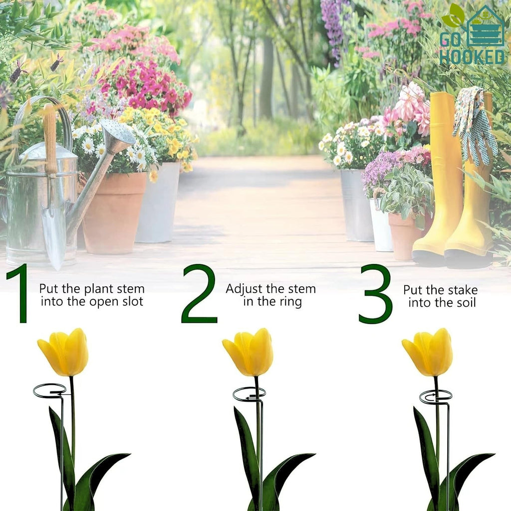 GoHooked 16-inch black metal plant support stake with loop top, demonstrating three-step installation for a tulip.