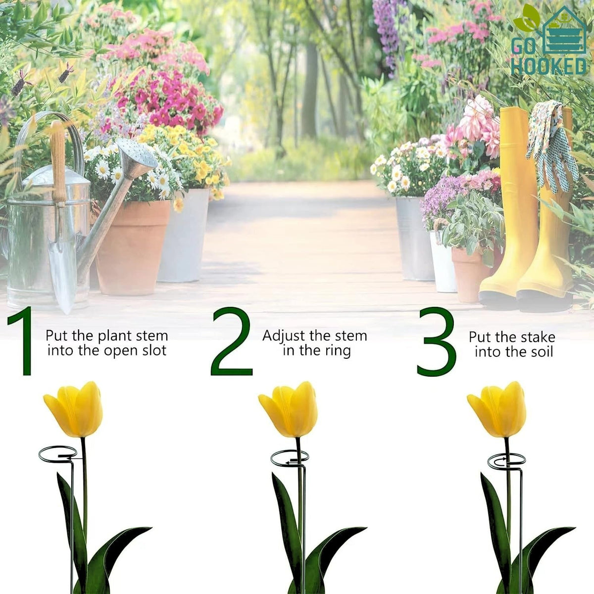 GoHooked 16-inch black metal plant support stake with loop top, demonstrating three-step installation for a tulip.