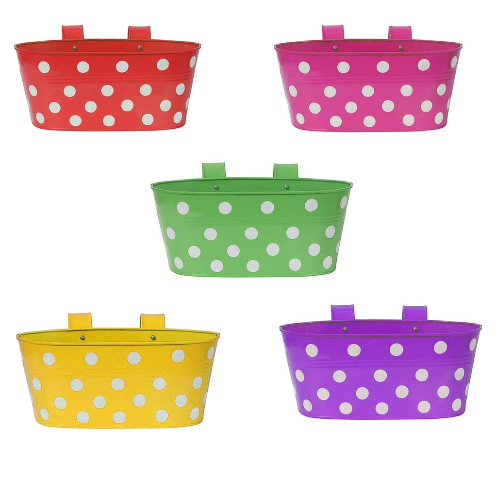 GoHooked assorted color metal railing planters with white polka dots, 12-inch oval shape, pack of 5.