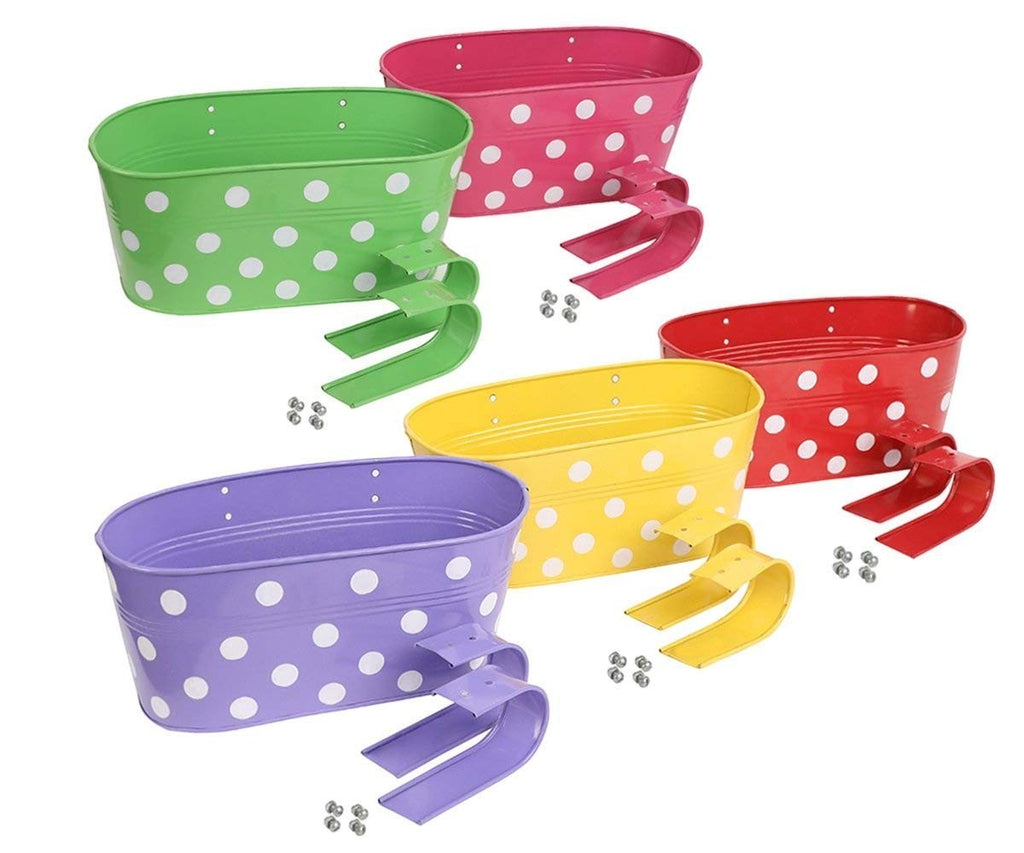 Go Hooked set of 5 assorted color metal railing planters with white polka dots. 12-inch oval pots with detachable hooks.