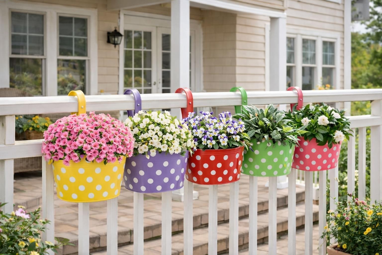 Go Hooked multicolour metal railing planters with white polka dots, featuring detachable hooks for balconies and fences.