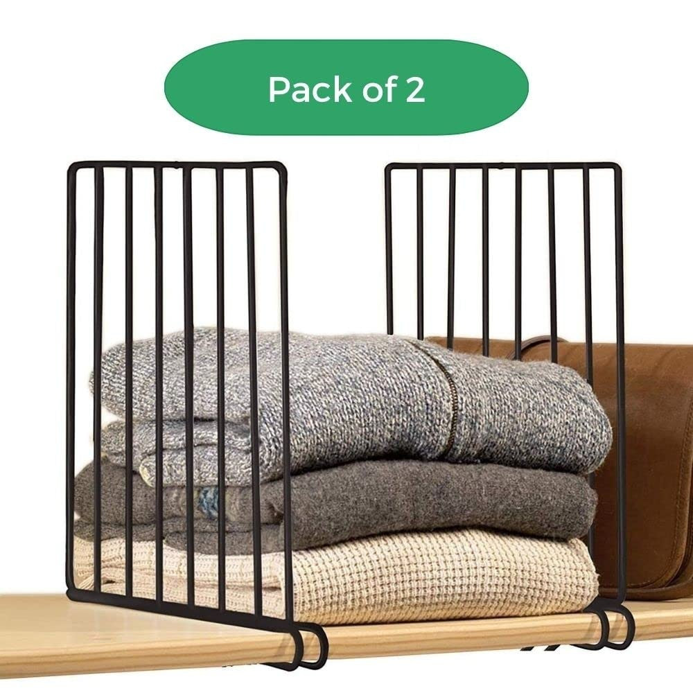 GoHooked black metal shelf dividers organize stacked sweaters and a purse on a wooden shelf. Pack of 2.