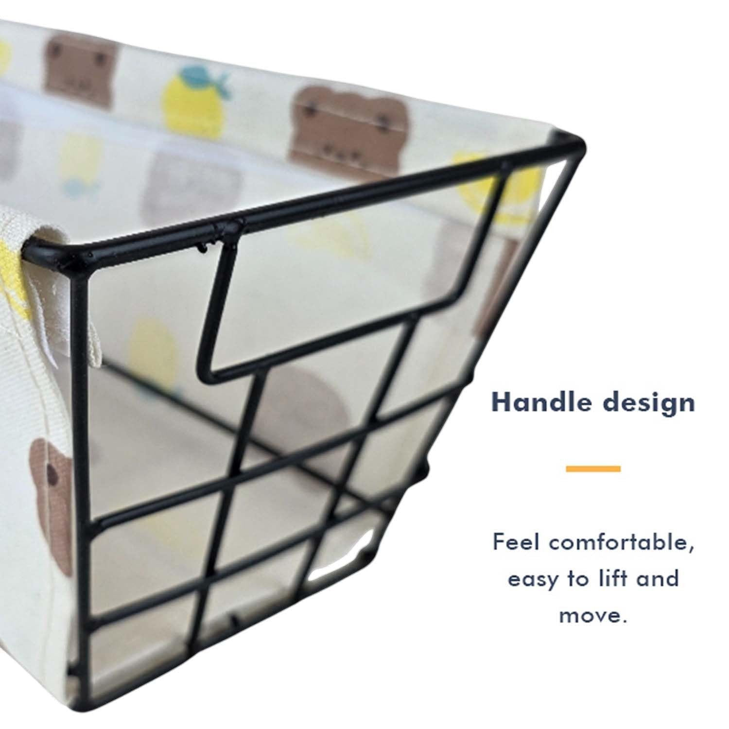 GoHooked beige metal storage basket with cute bread and bear print fabric liner. Rectangular wire frame organizer.