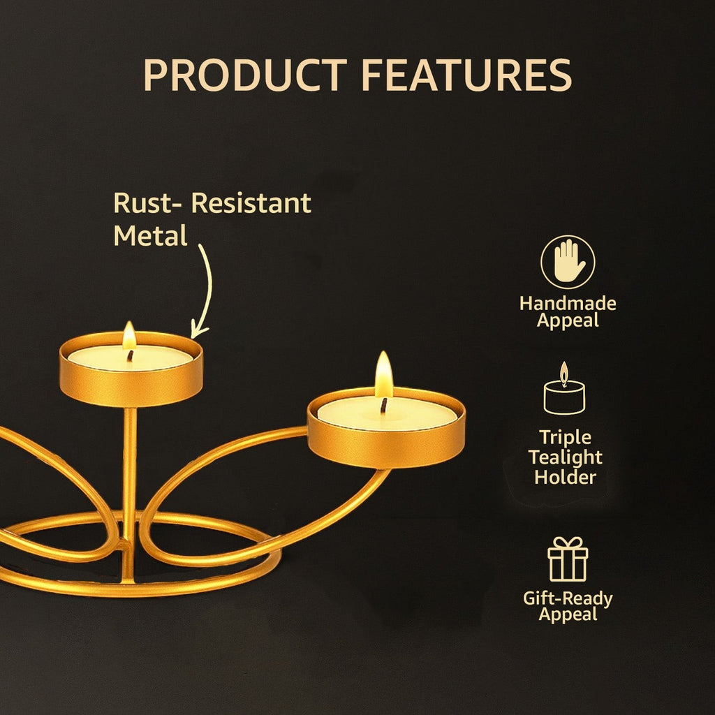 Go Hooked matte gold metal tabletop tealight candle holder with three slots, rust-resistant and handmade appeal.