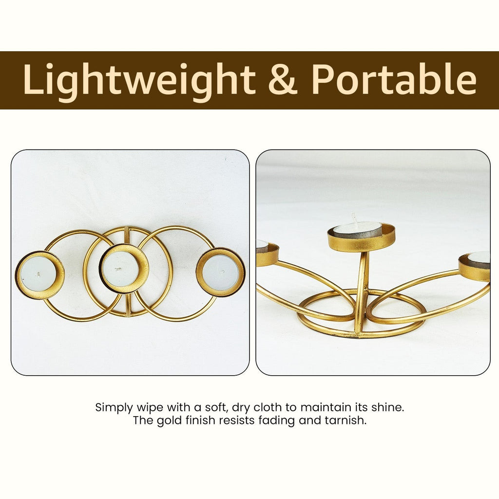 Go Hooked matte gold metal tabletop tealight candle holder with 3 slots, 25cm decorative iron stand for home decor.