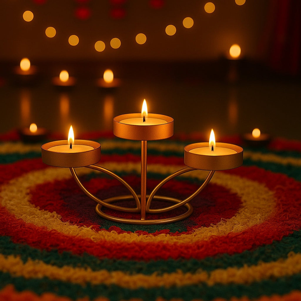 Go Hooked matte gold metal tabletop tealight candle holder with 3 slots on a colorful rug.